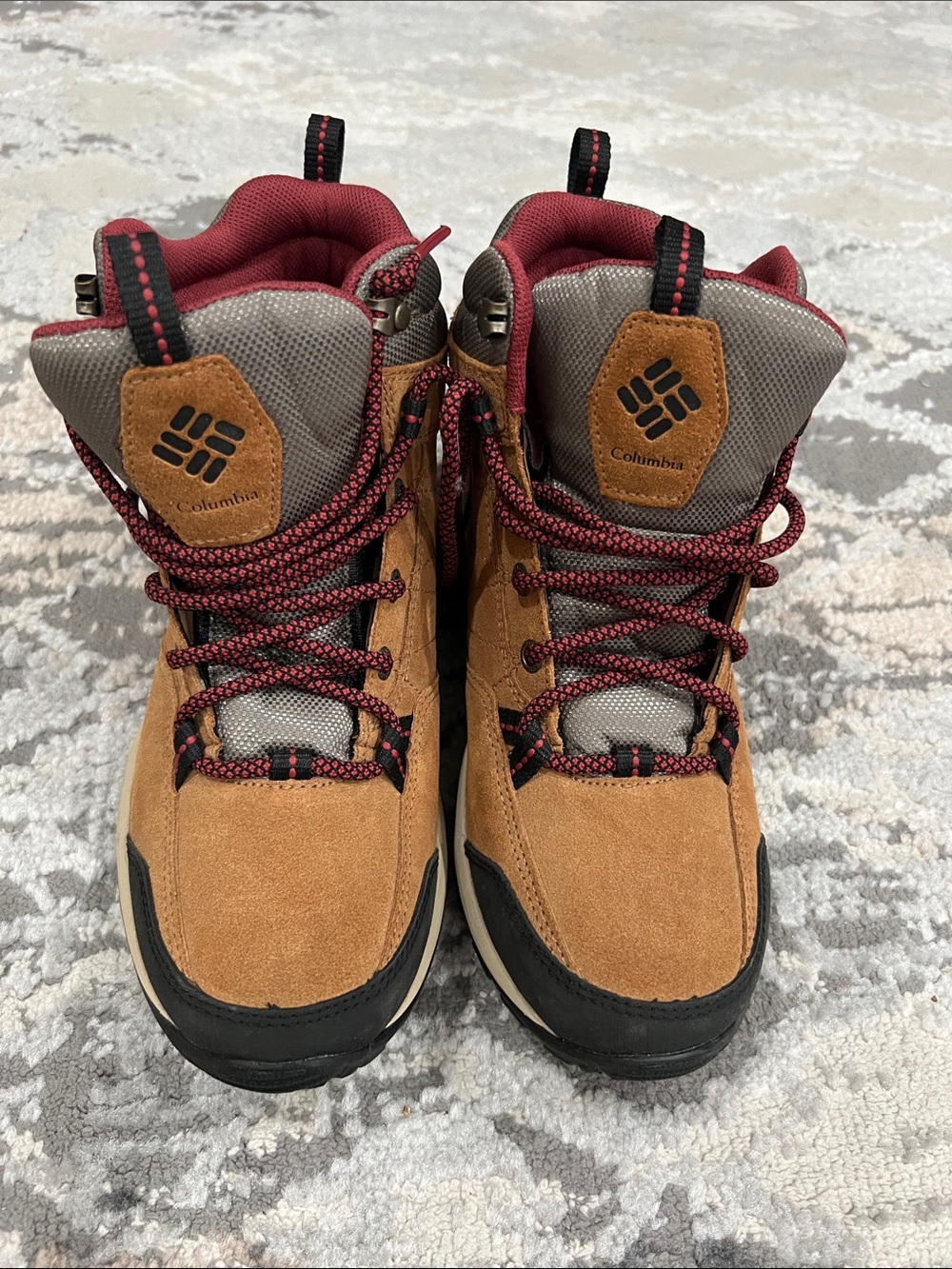 Columbia Women Tan and Red Lace-Up Waterproof Hiking Boots